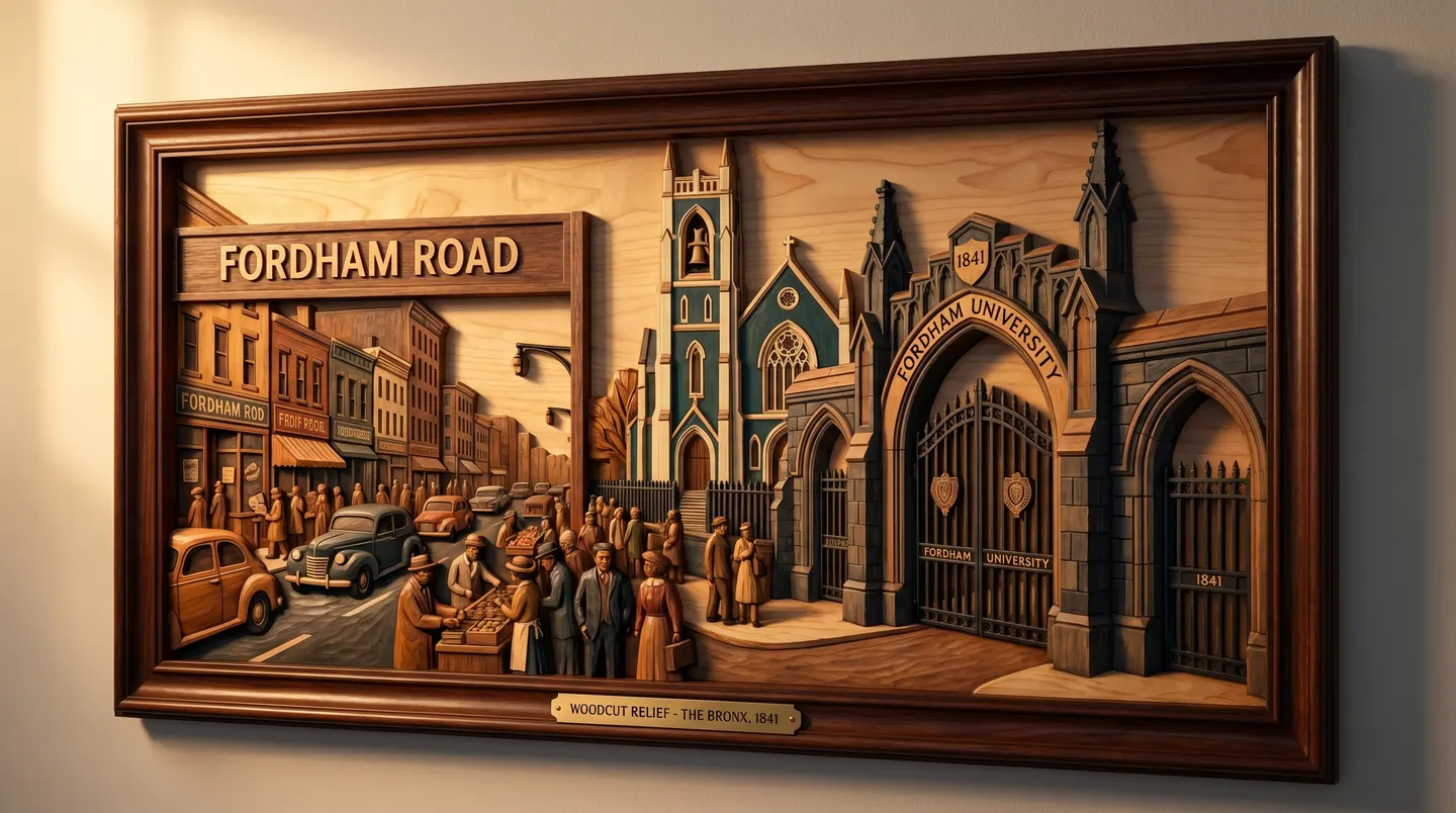 Woodcut illustration of Fordham, Bronx