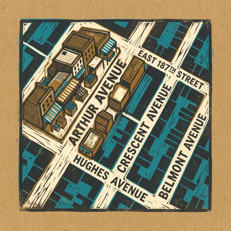 Woodcut map of Belmont street grid, Bronx
