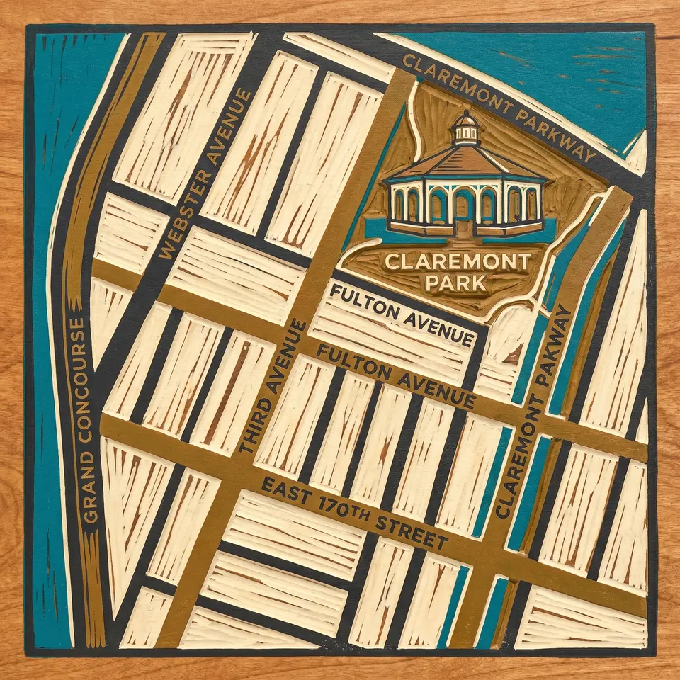 Woodcut map of Claremont Village street grid, Bronx