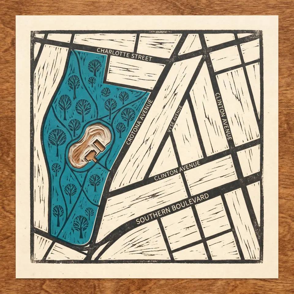 Woodcut map of Crotona Park East street grid, Bronx
