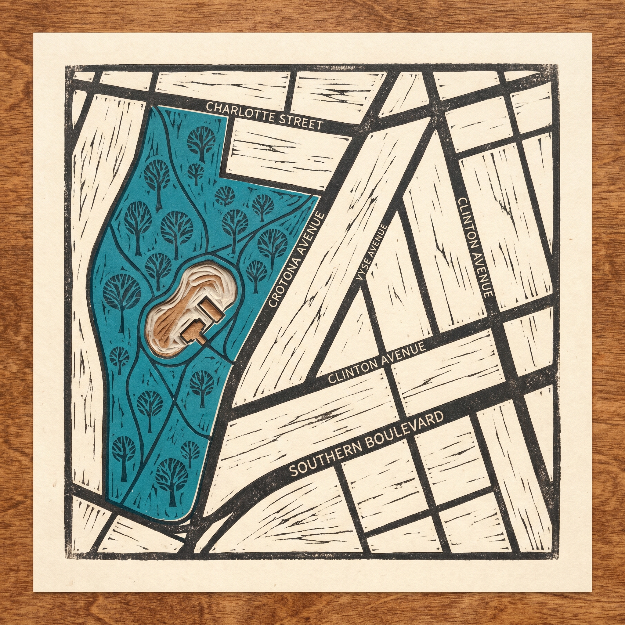 Woodcut map of Crotona Park East street grid, Bronx