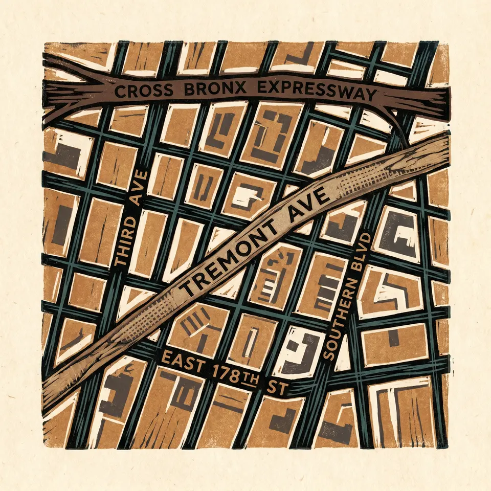 Woodcut map of East Tremont street grid, Bronx