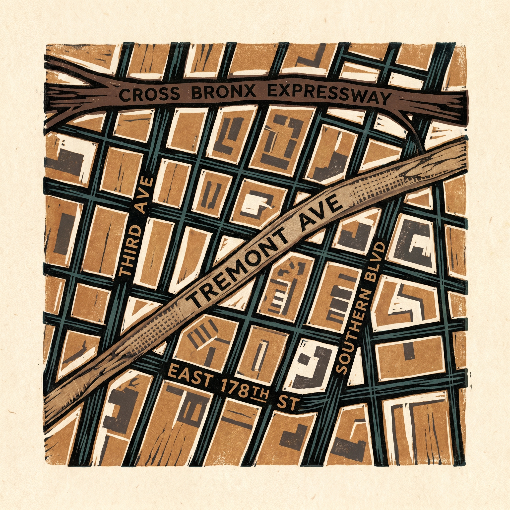 Woodcut map of East Tremont street grid, Bronx