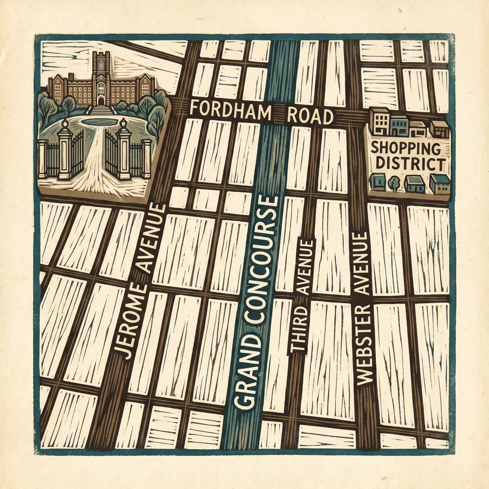 Woodcut map of Fordham street grid, Bronx