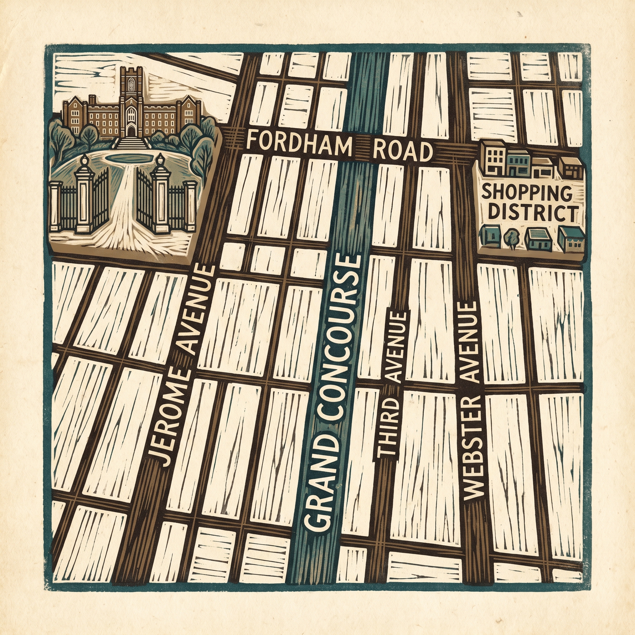 Woodcut map of Fordham street grid, Bronx