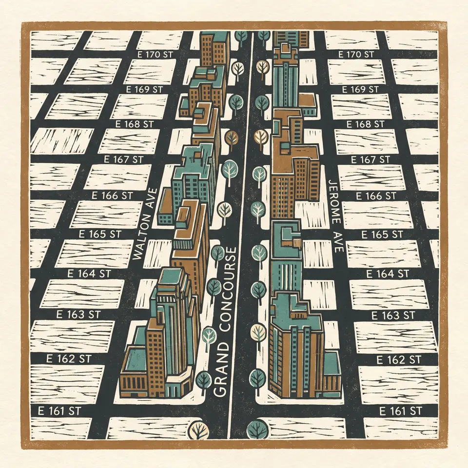 Woodcut map of Grand Concourse street grid, Bronx
