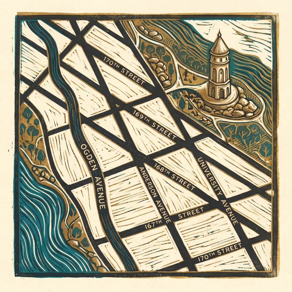 Woodcut map of Highbridge street grid, Bronx