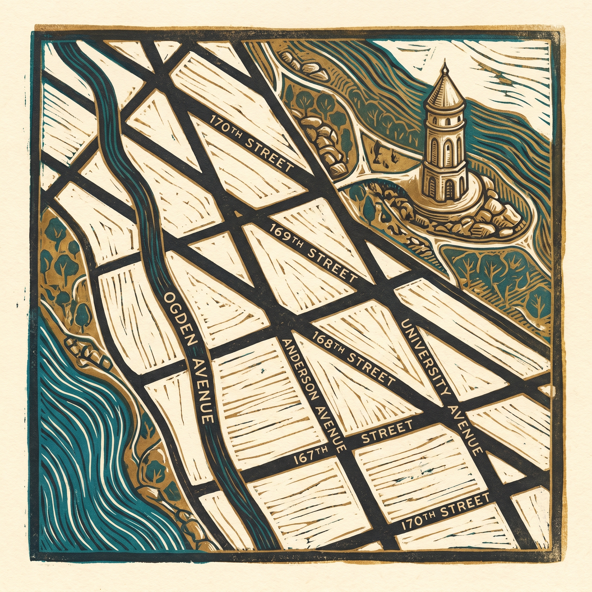 Woodcut map of Highbridge street grid, Bronx