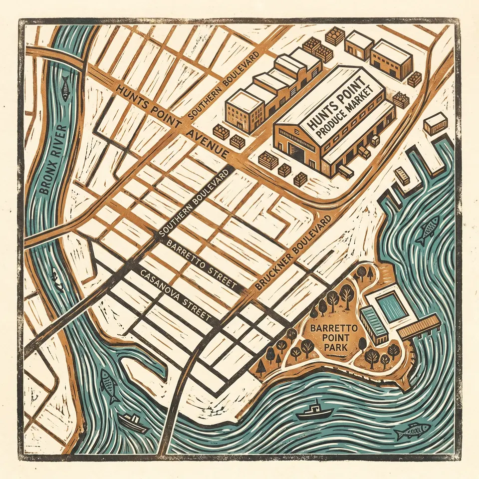 Woodcut map of Hunts Point street grid, Bronx