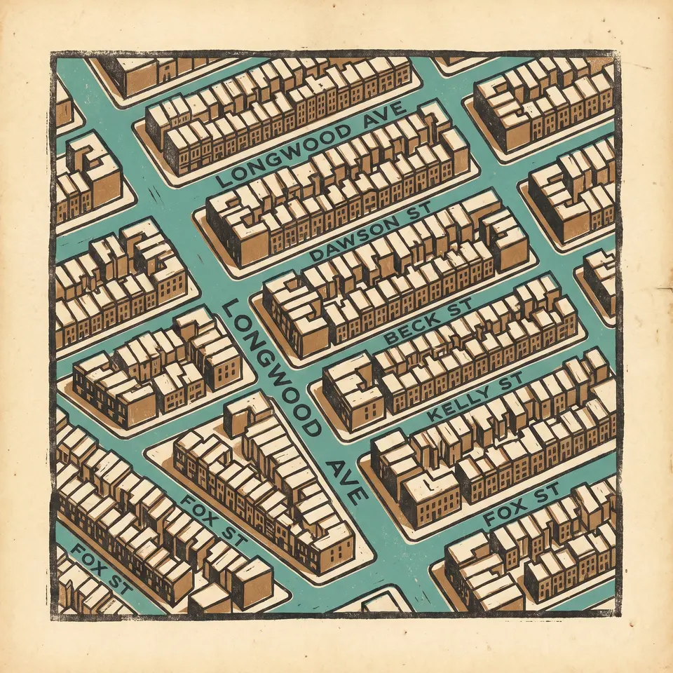 Woodcut map of Longwood street grid, Bronx
