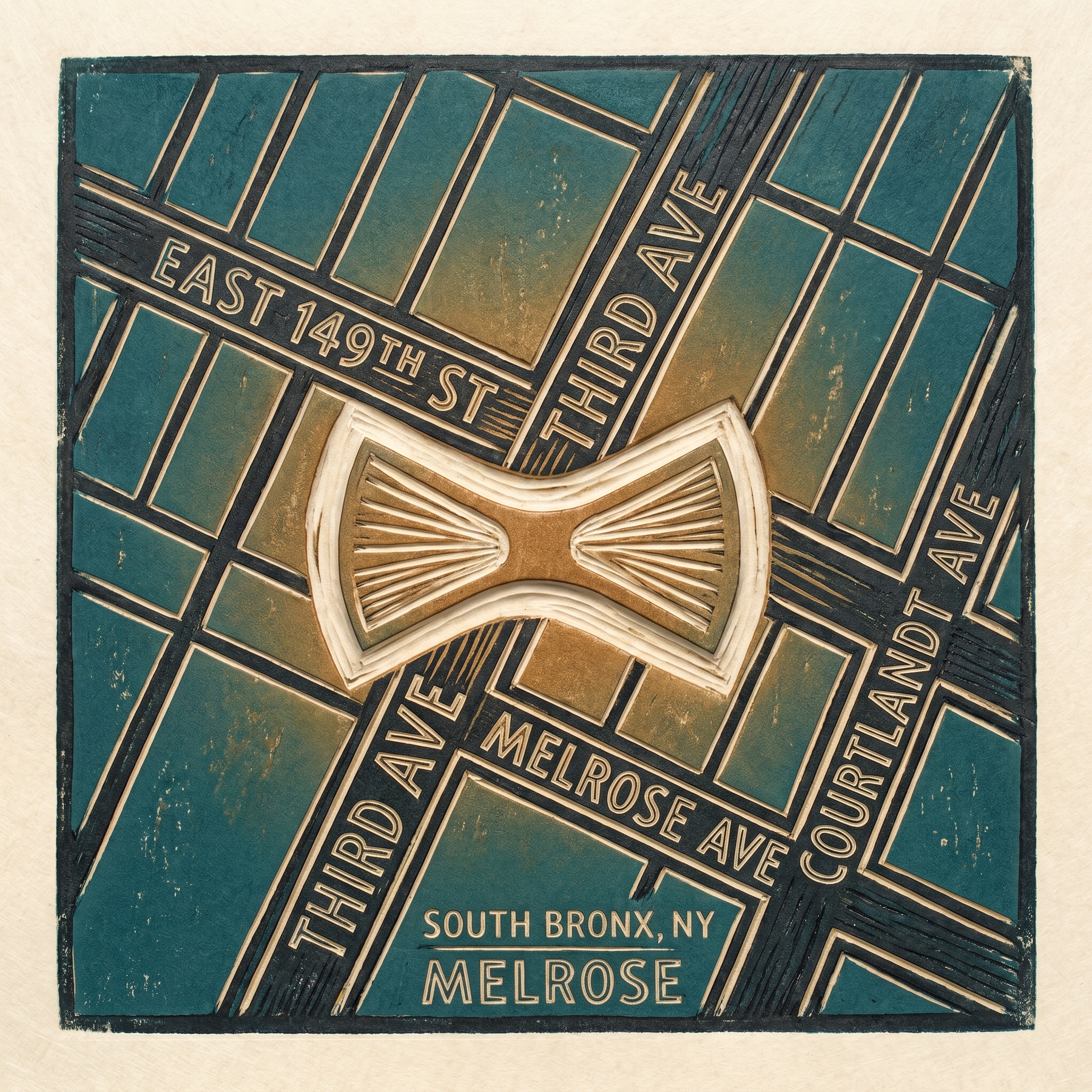 Woodcut map of Melrose street grid, Bronx