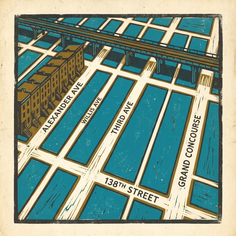 Woodcut map of Mott Haven street grid, Bronx