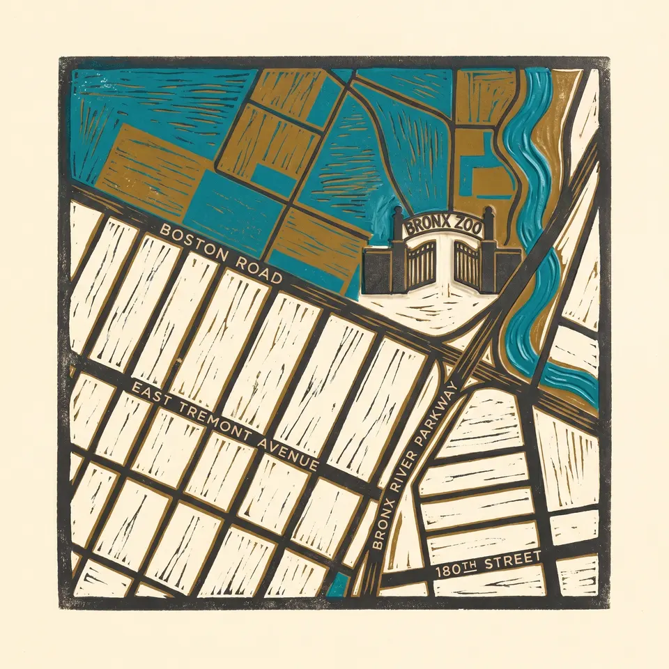 Woodcut map of West Farms street grid, Bronx