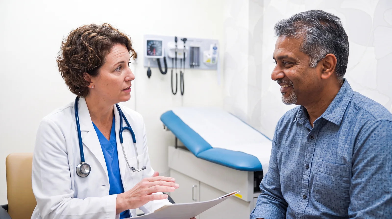 A clinician taking notes while reviewing results with a man in an exam room