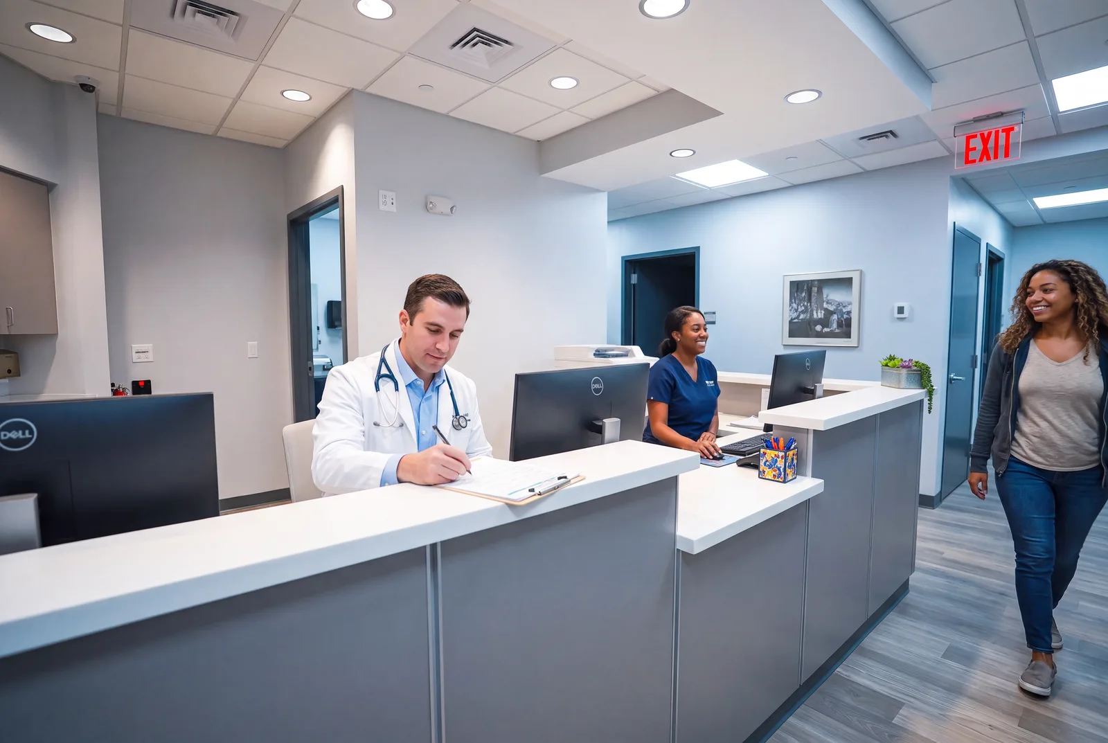 Check-in counter at the clinic front desk, where insurance cards are reviewed before a visit