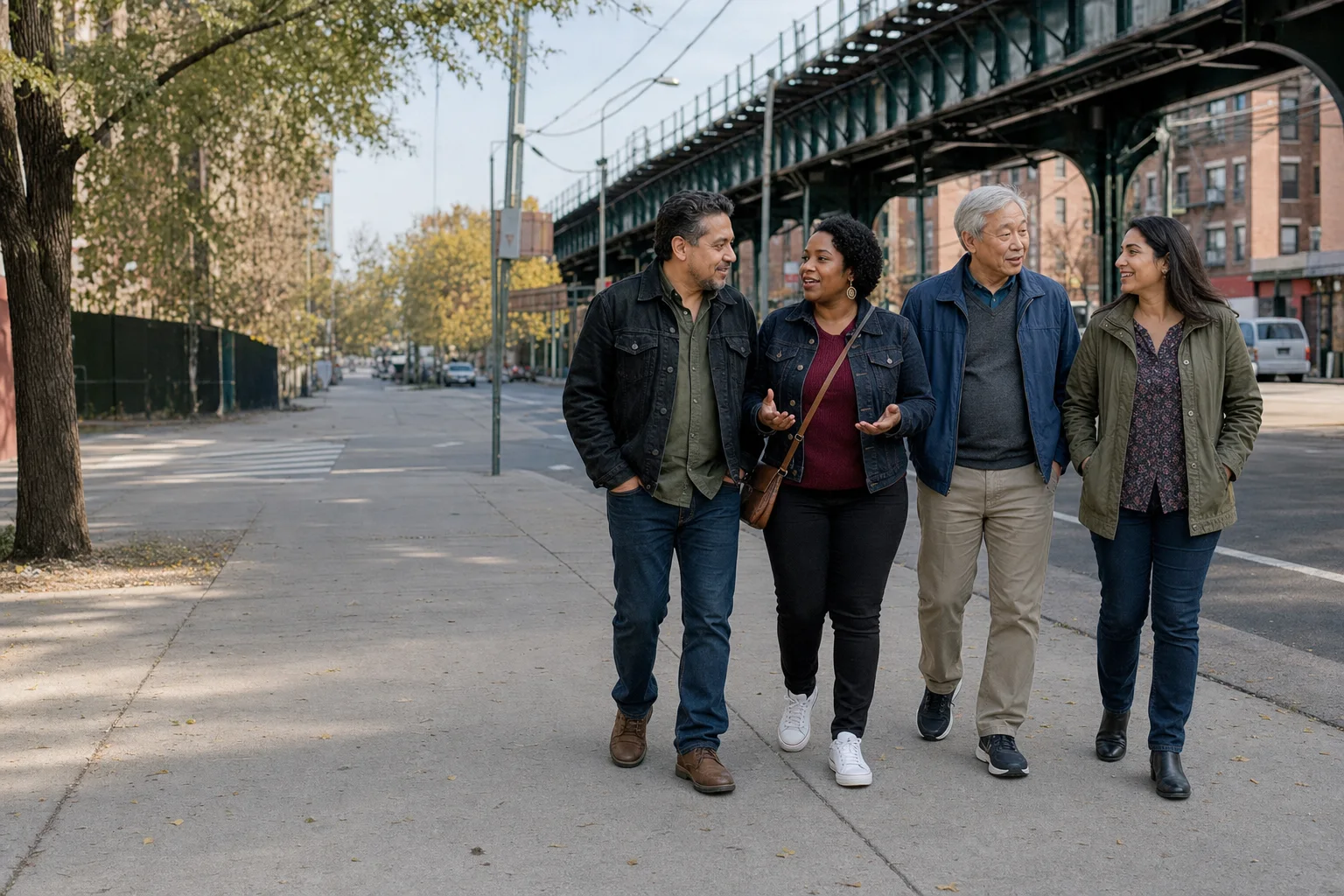 Four adults walking together on a Bronx neighborhood block